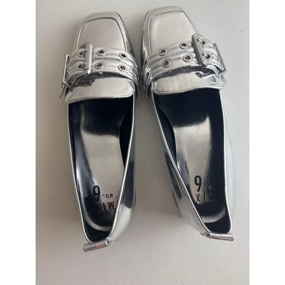 NWOT Mix No. 6 Piercie Silver Metallic Buckle Loafers Size 9 – Square Toe